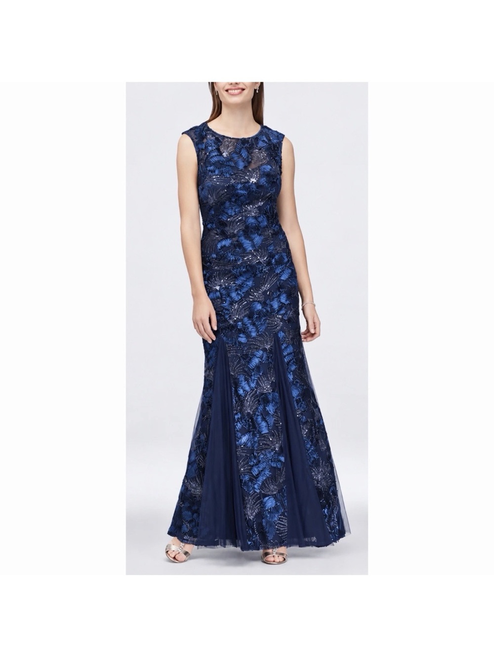Alex Evenings Sequin Textured Mermaid Gown Dress SIZE 12 Blue Tulle High Neck